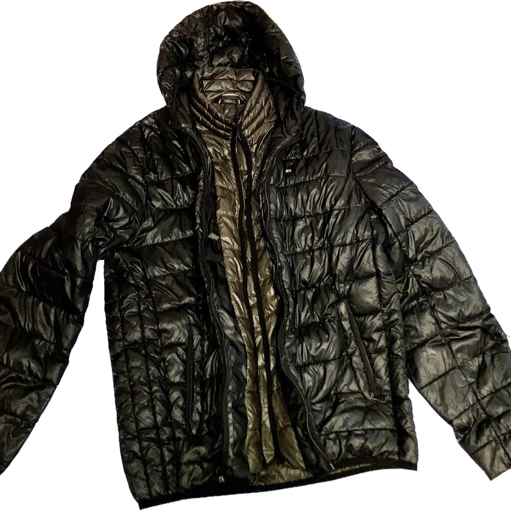Tommy Hilfiger Mens Hooded Packable Jacket XL Black/Gray